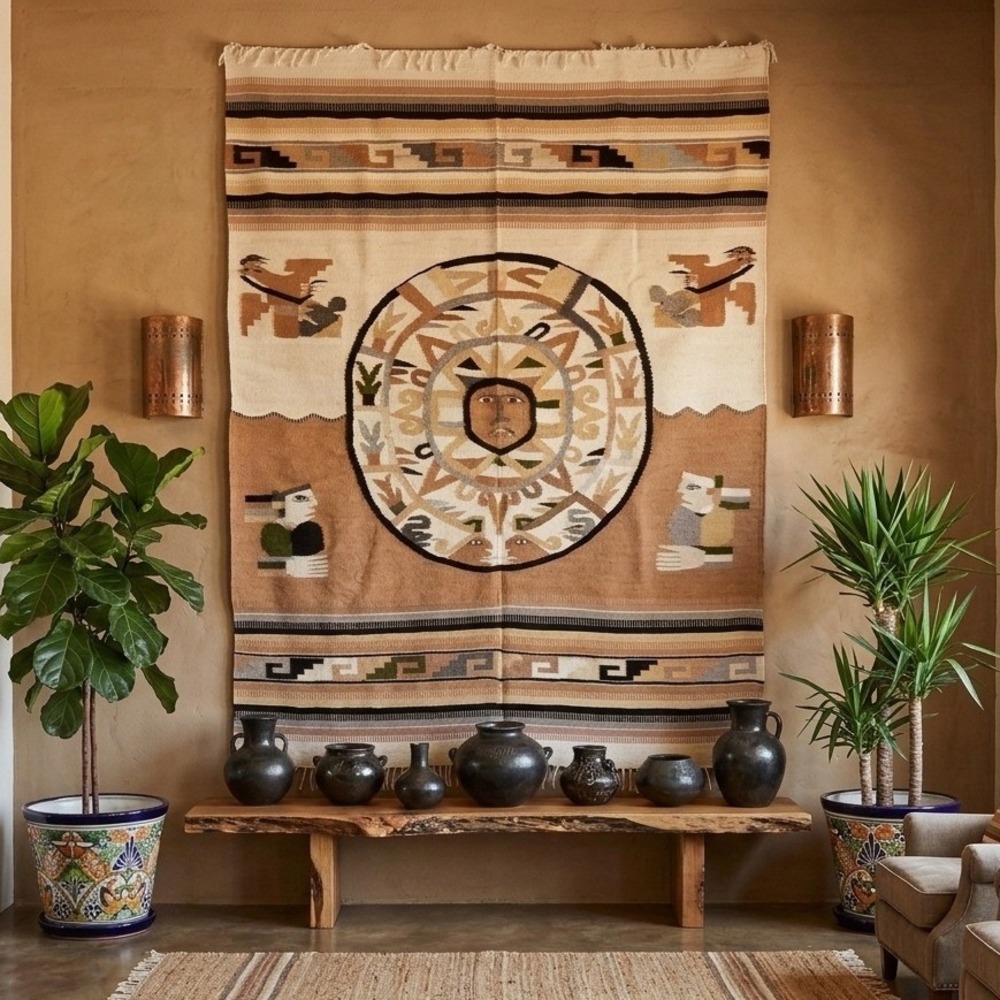 Mexican Woven Tapestry Rug Sun God Motif 56" x 70"